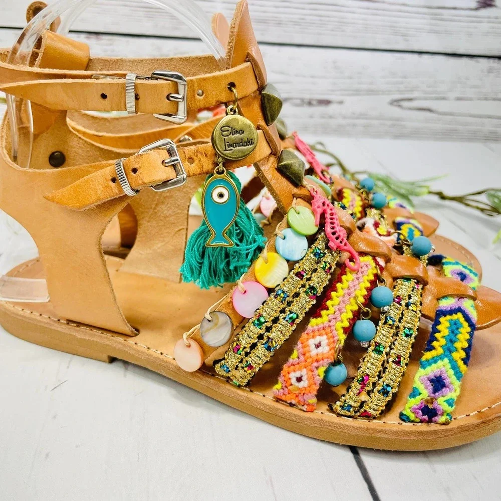 ELINA LINARDAKI Sandals - Beige  Ankle Strap Charm Flat Sandals - Picture 4 of 12